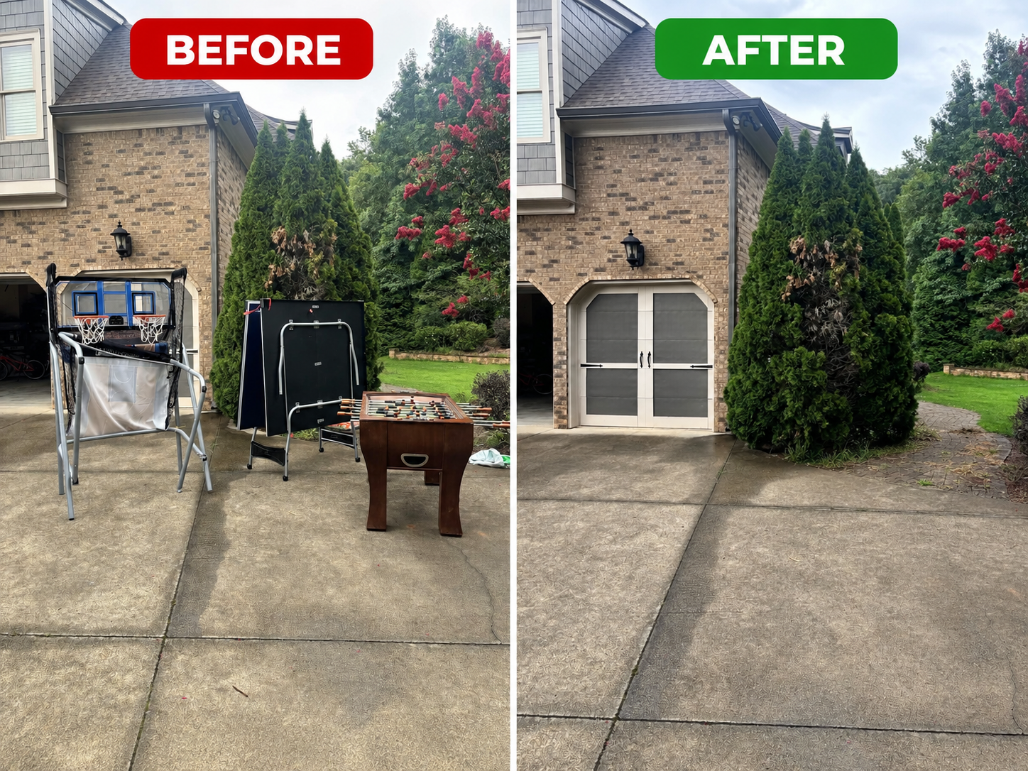 Before and after driveway cleanup — bulky outdoor game tables and basketball hoop removed