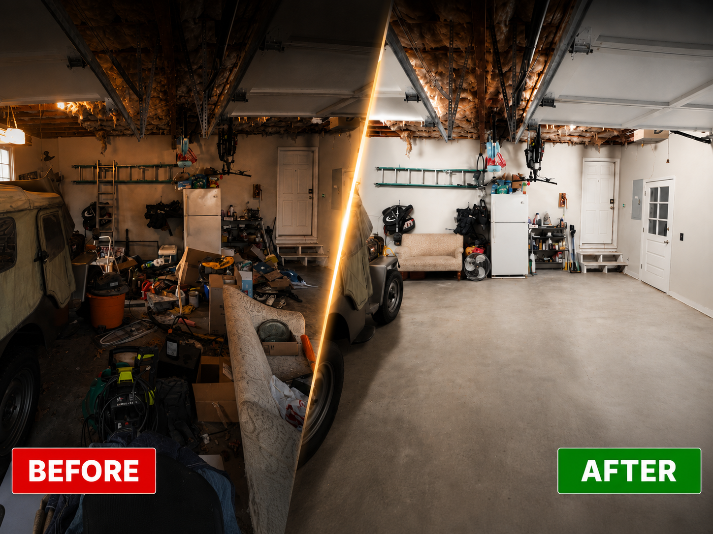 Before and after garage cleanout — cluttered garage transformed into clean open space