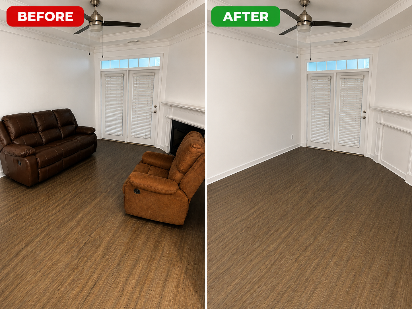 Before and after living room couch removal — recliners cleared out and space opened up