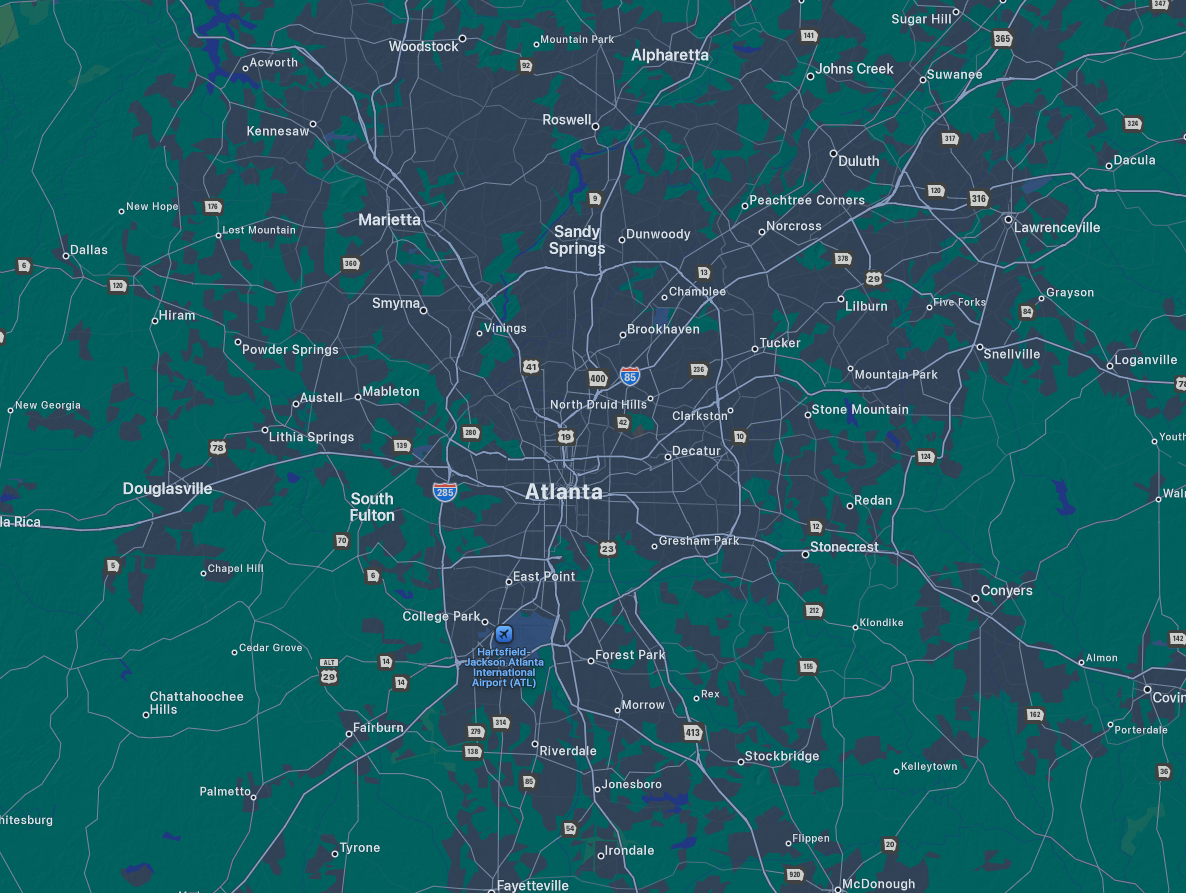 Map of the North Atlanta and Metro Atlanta service area for Bad Boys Junk Removal