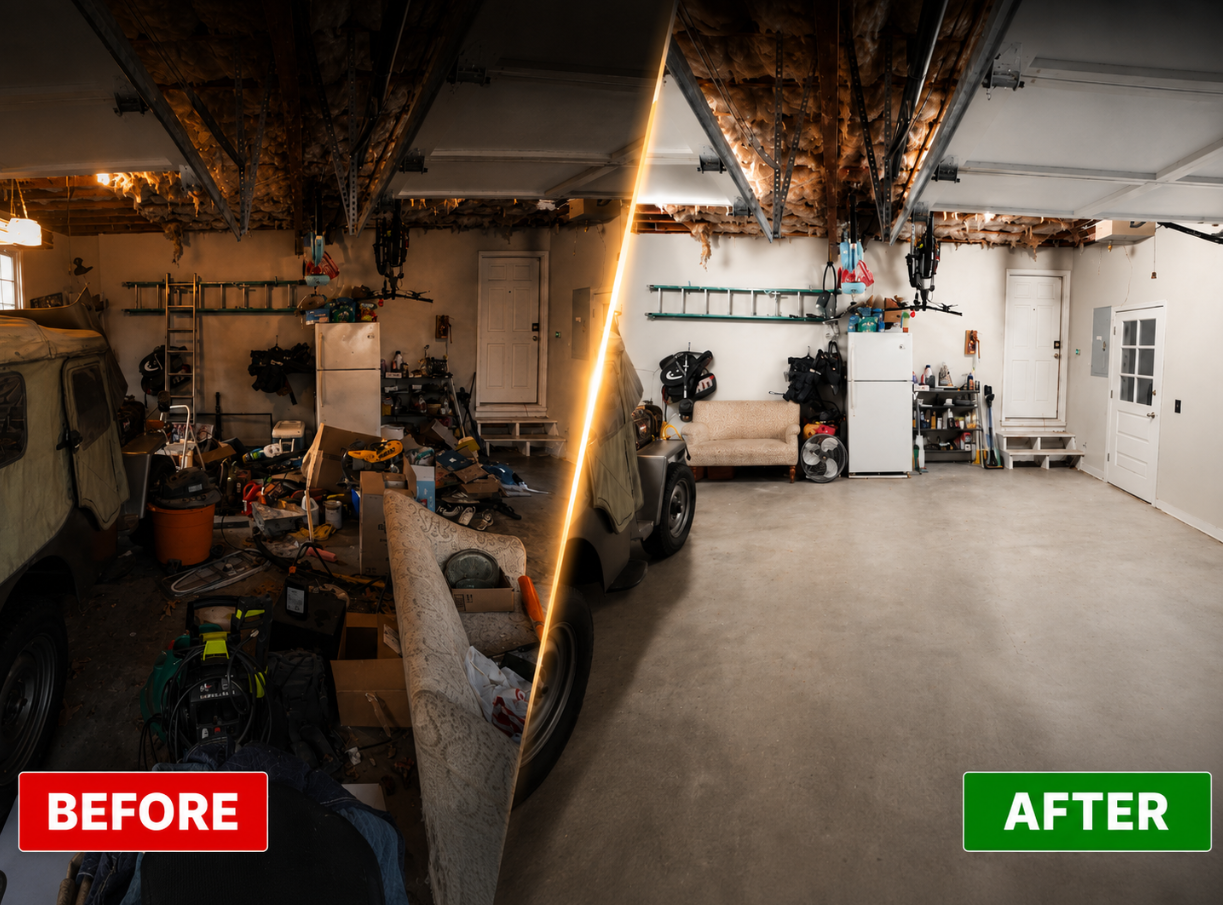 Before-and-after garage cleanout by Bad Boys Junk Removal in North Atlanta, showing a cluttered garage transformed into open space