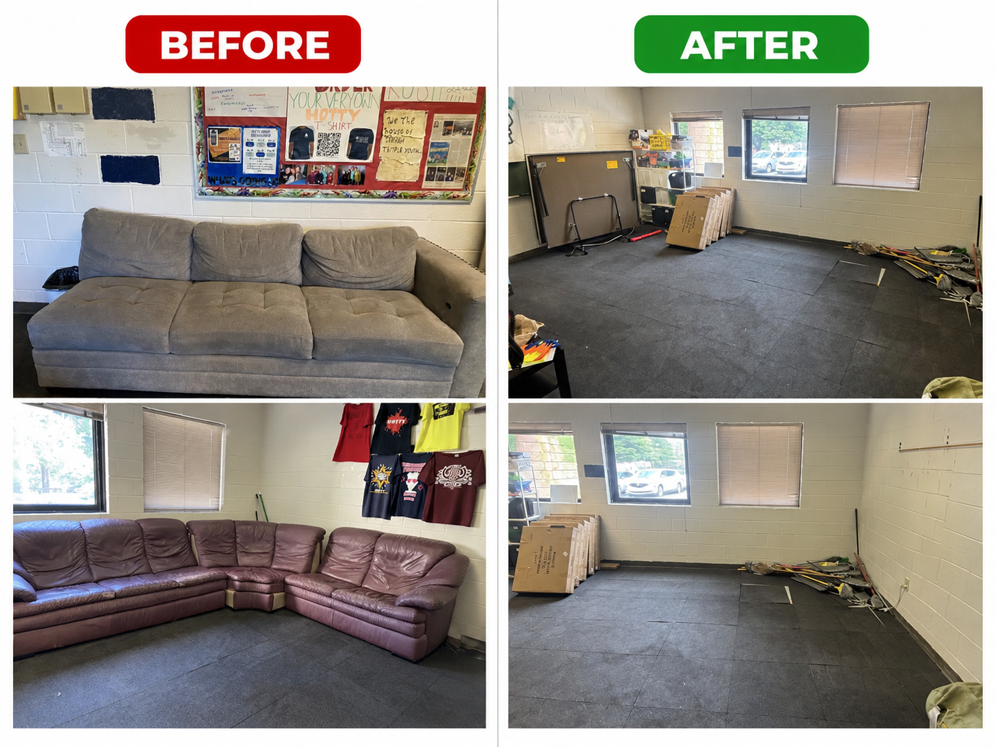 Before and after photos of a furniture removal and full room cleanout completed by Bad Boys Junk Removal
